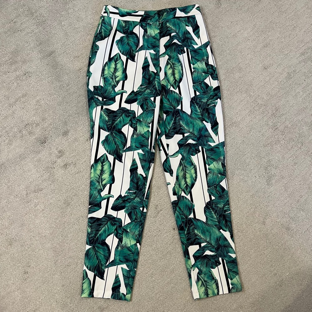 A Peach Tropical Print Pants High Waist White‎ Green Striped Size S Luau Island